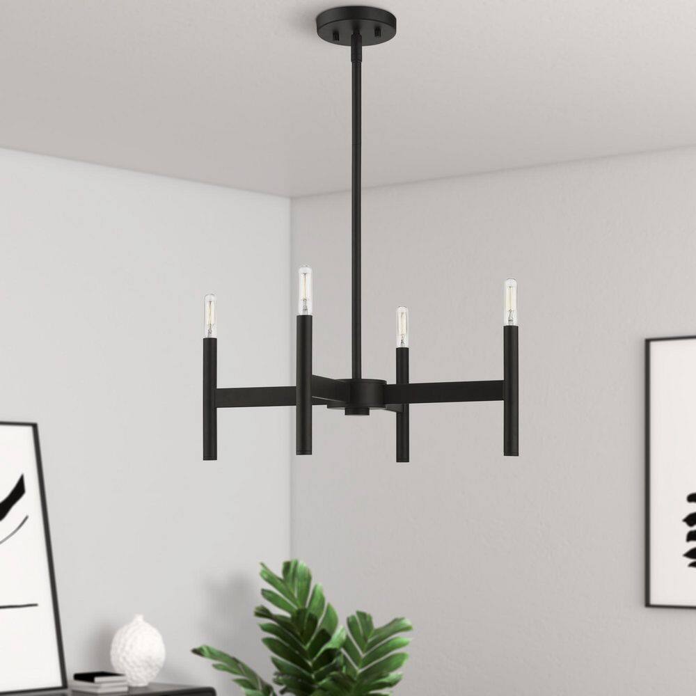 Black Steel 4-Light Mini Chandelier with Exposed Bulbs