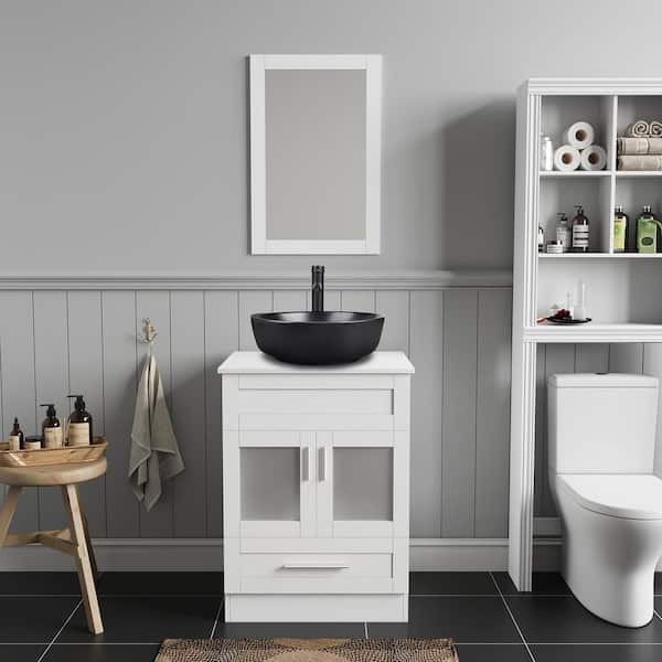 Puluomis 24 in. W x 19 in. D x 33 in. H Single Sink White Bath Vanity with Black Round Solid Surface Vanity Top Sink and Mirror