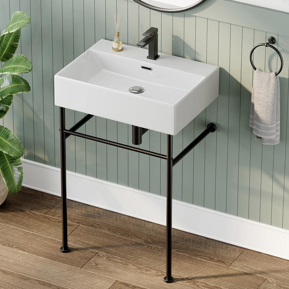 24" White Ceramic Wall-Mount Bathroom Console Sink with Black Legs