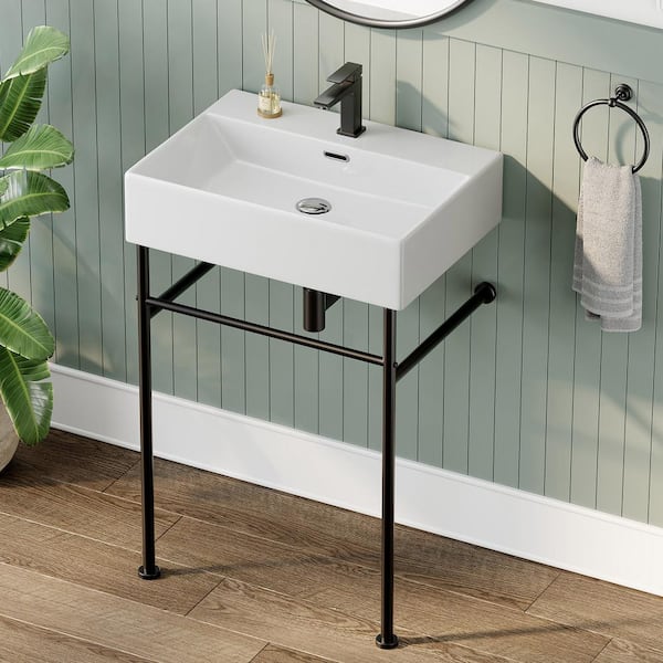24 in. Ceramic White Rectangular Bathroom Console Sink with Black Legs and Overflow