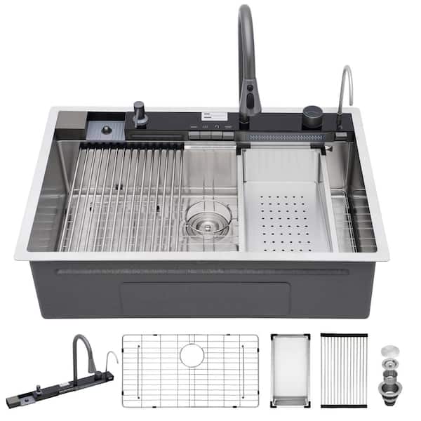 33"x 22" Drop-In Stainless Steel Smart Temperature Display Workstation Kitchen Sink with Waterfall Faucet,Cup Rinser