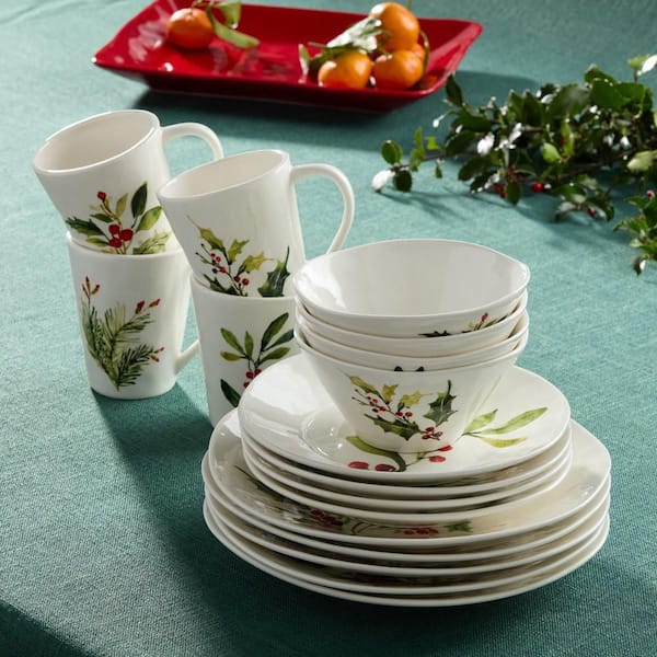 Holly And Vines 16-Piece Stoneware Assorted Colors Dinnerware Set (Service Set for 4)