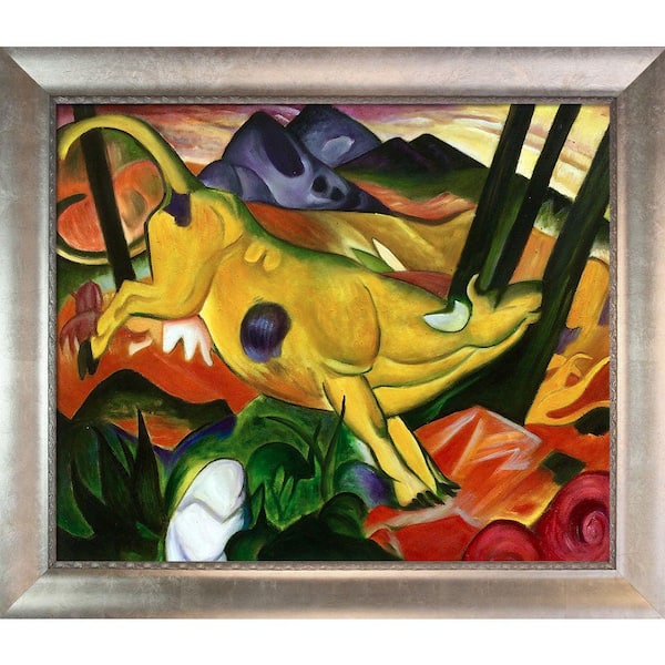 LA PASTICHE "Yellow Cow with Silver Scoop with Swirl Lip" by Franz Marc Framed Abstract Wall Art Oil Painting 29 in. x 25 in.