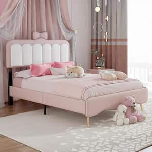 White and Pink Twin Size Velvet Platform Bed Princess Kids Bed with Bow-Knot Headboard