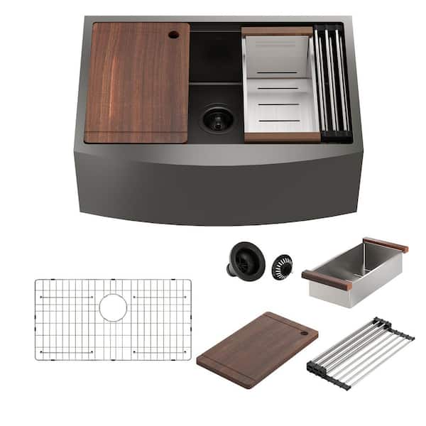 33 in. Farmhouse/Apron-Front Single Bowl Black 18-Gauge Stainless Steel Kitchen Sink with Cutting board, Accessories