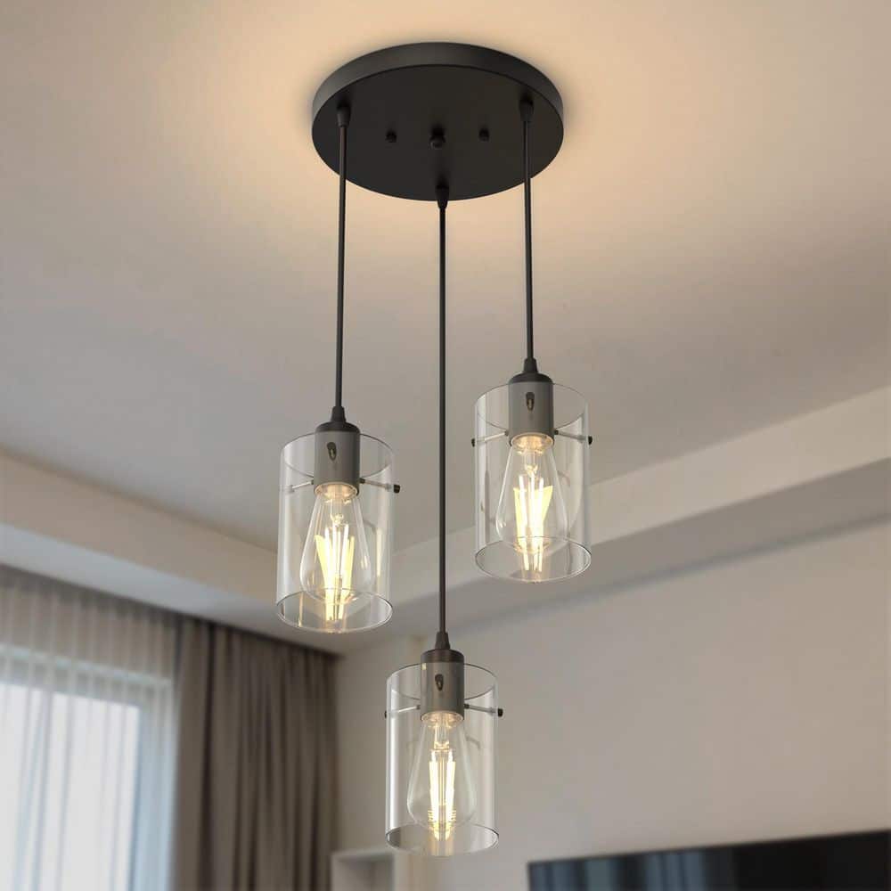 10 in. 3-Light Matte Black Vintage Cluster Pendant Light Fixture with Clear Glass for Dining Table price history on PriceWatchPro