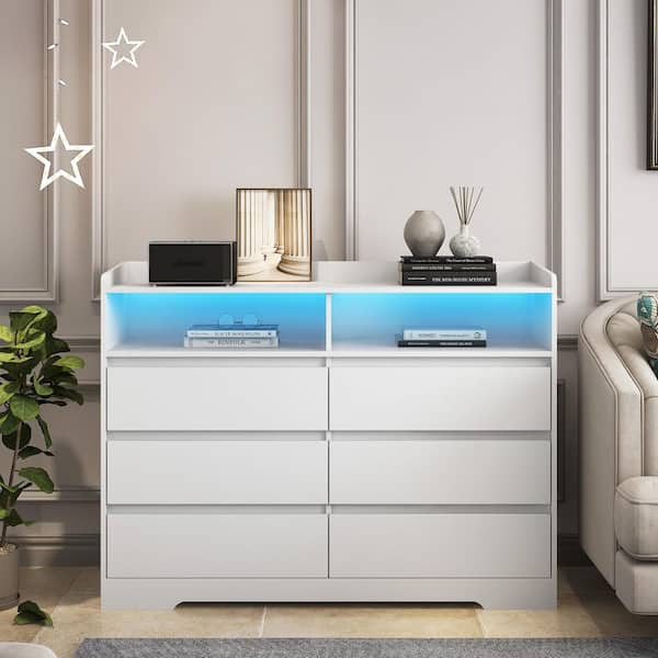 Tahanbath 6-Drawer White Dresser with LED Lights for Bedroom