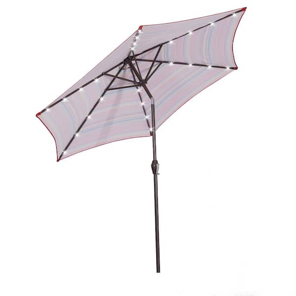 Unbranded Outdoor 8.7 ft. Market Table Patio Umbrella with Push Button Tilt and Crank in Red Stripes with 24 LED Lights