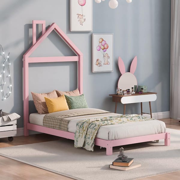 ANBAZAR House-Shaped Headboard Platform Bed, Solid Wood Twin Bed Frame with Slat Support, No Box Spring Needed ( Pink )