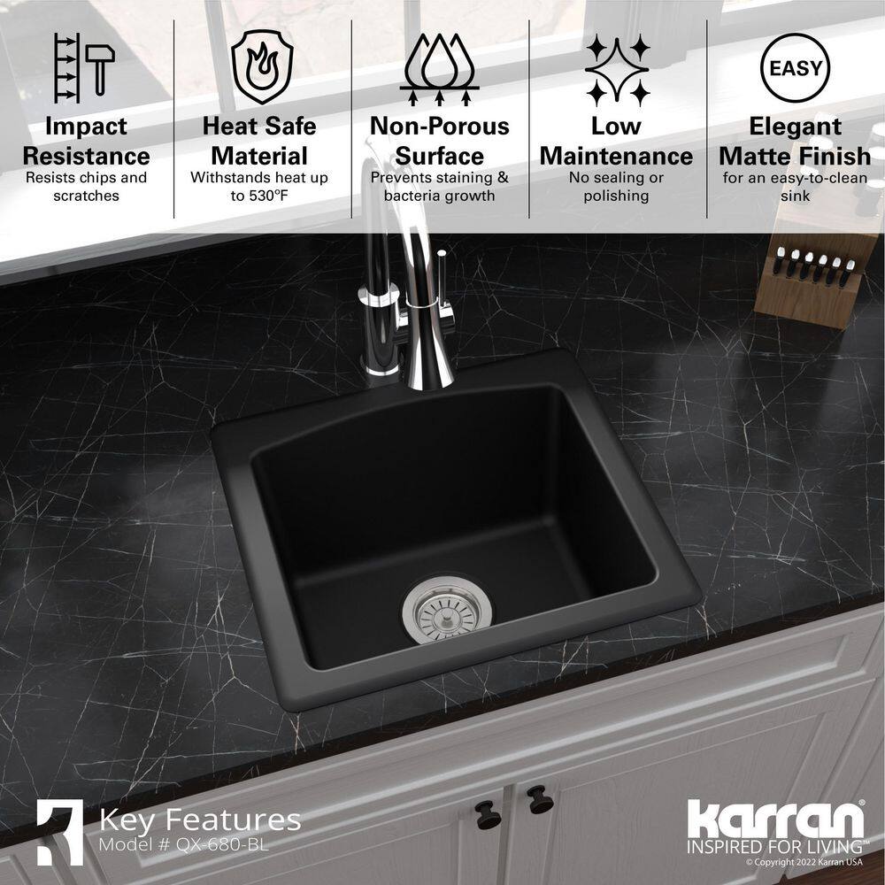 Black Quartz Composite 18'' Single Bowl Dual Mount Kitchen Sink