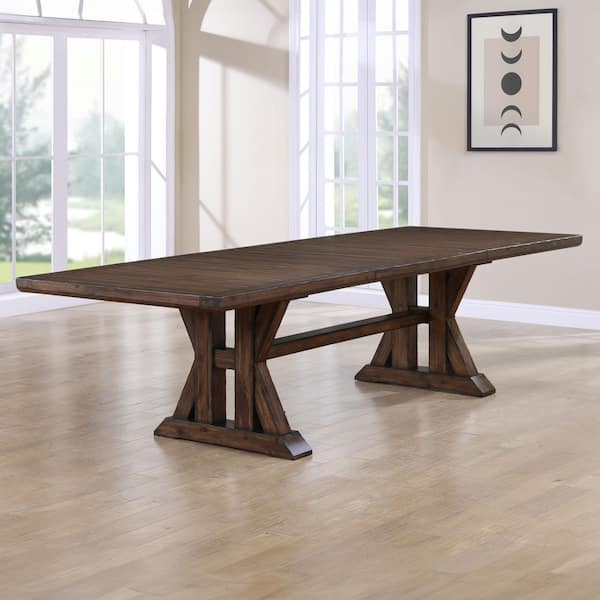 Auburn Dark Brown Wood Trestle Dining Table with 2 20 in. Leaves Seats 12