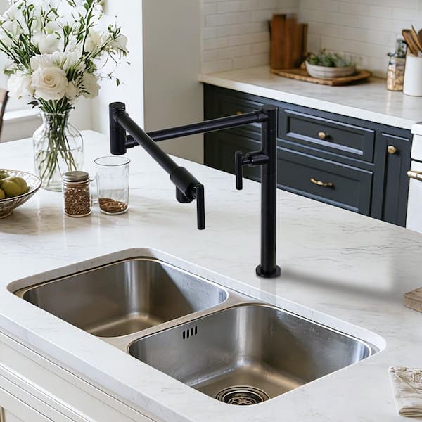 Deck Mounted Pot Filler Kitchen Faucet with Double Handle in Matte Black