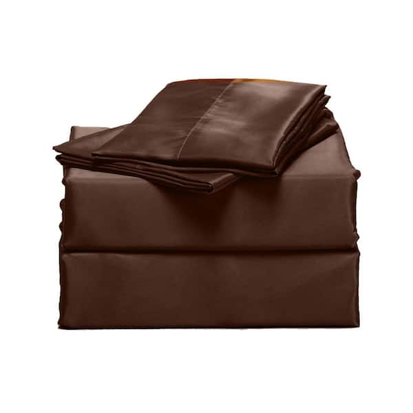 Luxury Home 4-Piece Brown-Chocolate Solid Satin Microfiber Full Sheet Set