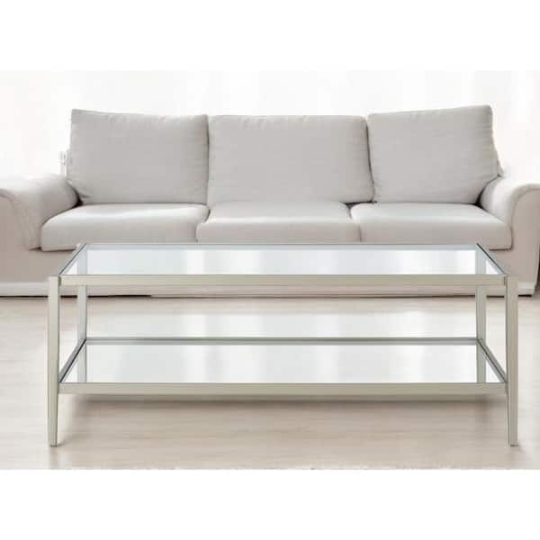 HomeRoots 45 in. Silver Rectangle Glass Coffee Table with Shelves;Storage