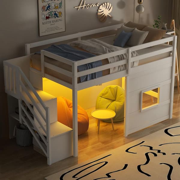 White Wood Frame Twin Size Loft Bed with LED Light, Storage Staircase and Window