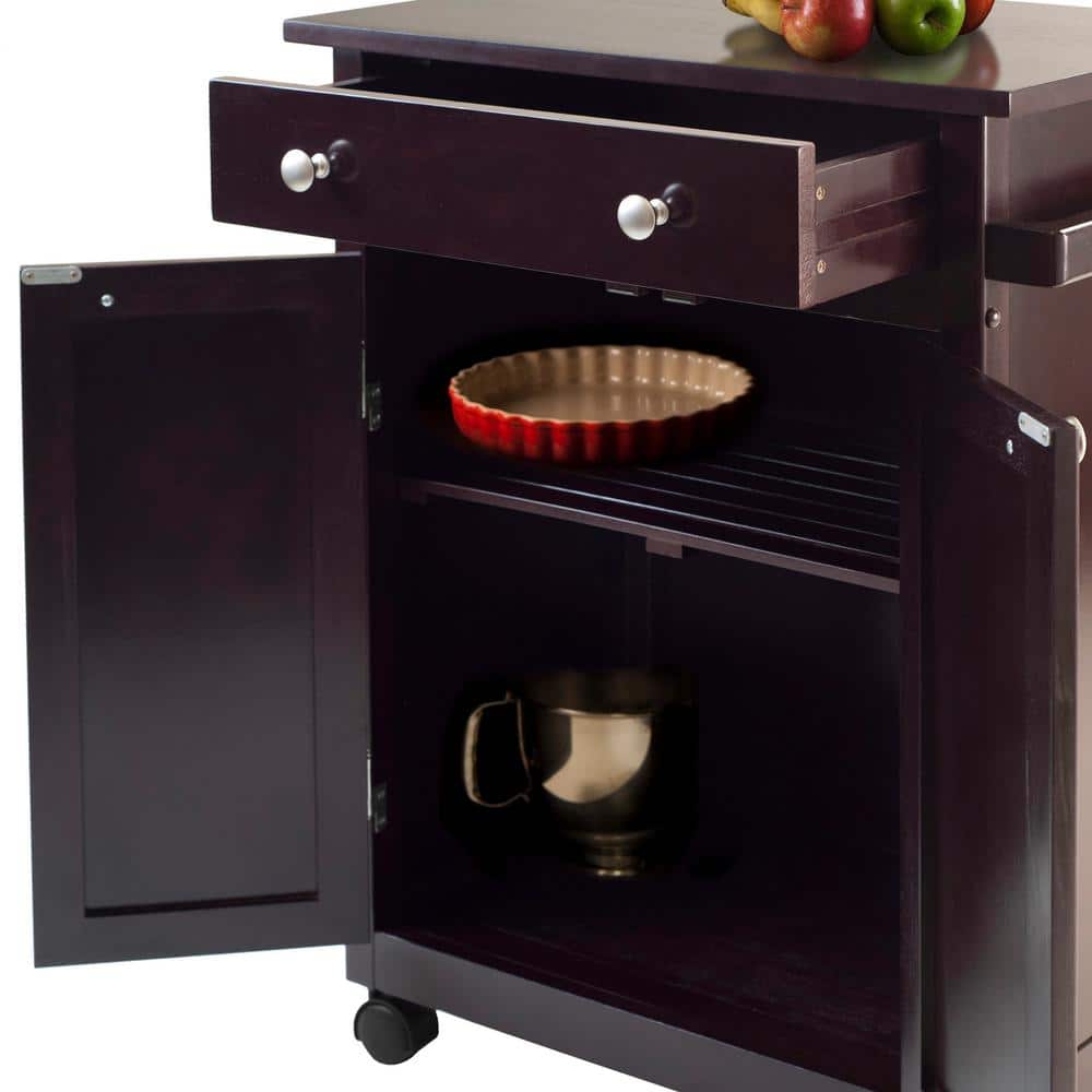 Transitional Espresso Wood Kitchen Cart with Storage and Towel Bar