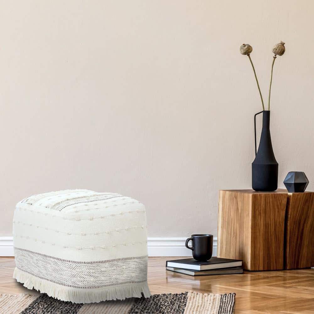 Ivory and Brown Shag Fringe Textured Square Pouf, 18" x 14"