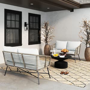 Flow Matte Black Aluminum Frame Outdoor Patio Loveseat Sofa with Pale Gray Cushion and Rattan Accent, Set of 2