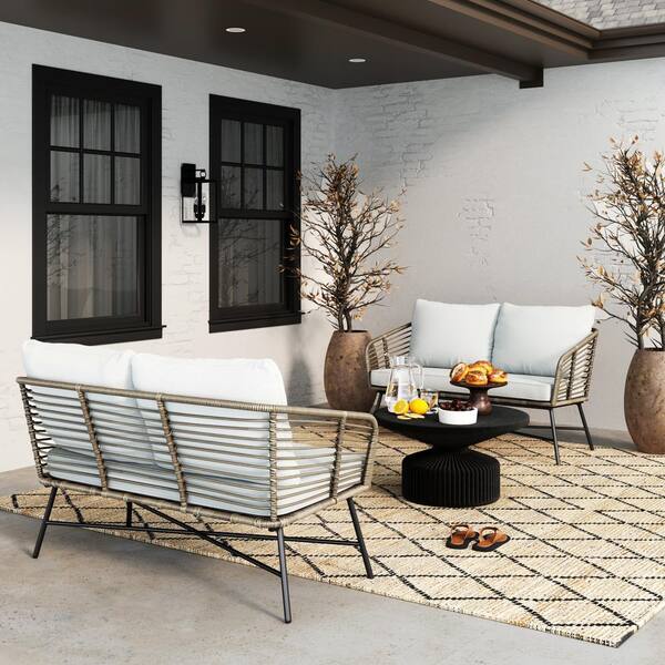 Nathan James Flow Matte Black Aluminum Frame Outdoor Patio Loveseat Sofa with Pale Gray Cushion and Rattan Accent, Set of 2