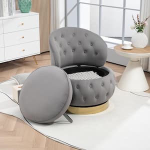 Contemporary Gray Velvet Upholstered Wide Seat Cuddle Swivel Barrel Chair with Storage