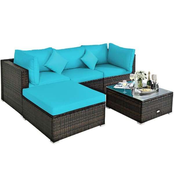 HONEY JOY 4-Piece Wicker Patio Conversation Set Sectional Loveseat Couch Sofa with Storage Box Coffee Table&Turquoise Cushions