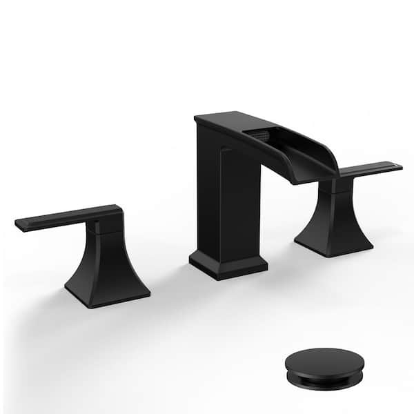 8 in. Widespread 2-Handle Waterfall Spout Bathroom Sink Faucet with Pop-Up Drain and Supply Lines in Matte Black