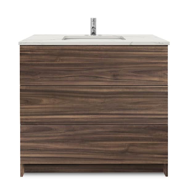 Ella Element  36 in. x W x 22 in. D x 35 in. H Bath Vanity in Dark Walnut with Calacatta White Quartz Top