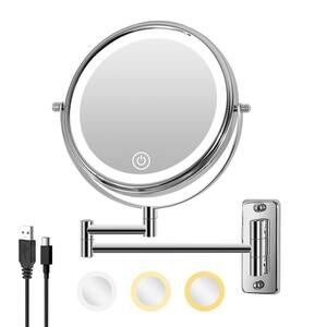 8 in. W x 8 in. H Bathroom Folding Makeup Mirror in Chrome with Dimmable LED,1X/10 Magnification,2000mA Battery