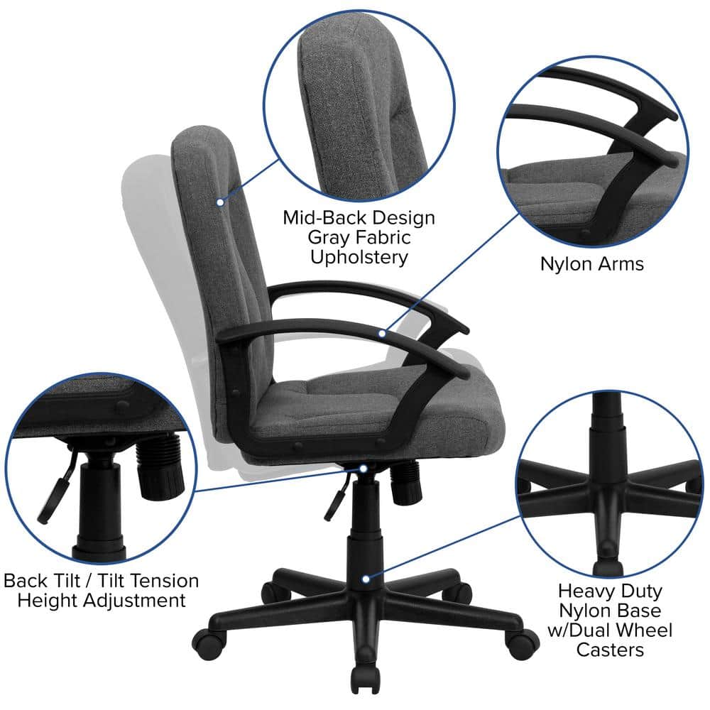 ErgoExec Mid-Back Gray Fabric Swivel Executive Chair with Nylon Arms