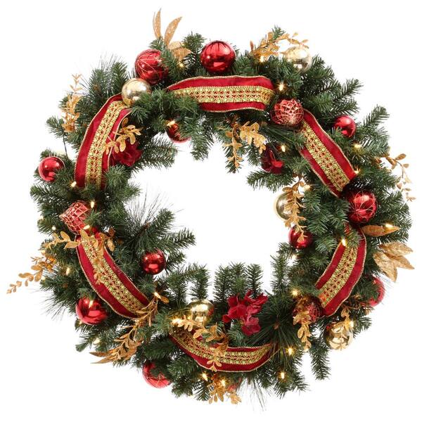 Home Accents Holiday Plaza 30 in. Battery Operated Plaza Artificial Wreath with 50 Clear LED Lights