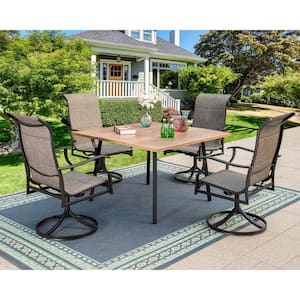 Black 5-Piece Metal Patio Outdoor Dining Set with Wood-Look Square Table and Padded Rocker Texitilene Swivel Chairs
