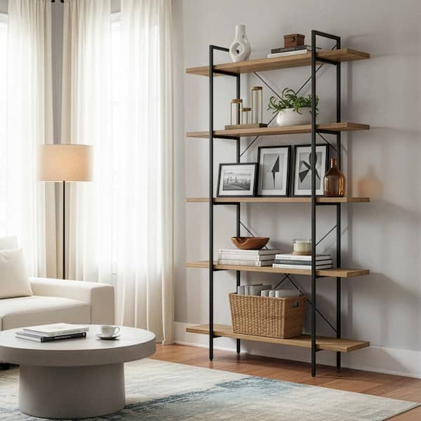 Glamour Home Amrit 84.5 in. Wood Shelf Metal Frame Etagere Bookcase 5-shelf Media Center