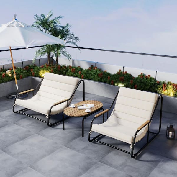 Harper & Bright Designs Black Iron Outdoor Lounge Chairs with Beige Cushion and Acacia Side Table (2-Pack)