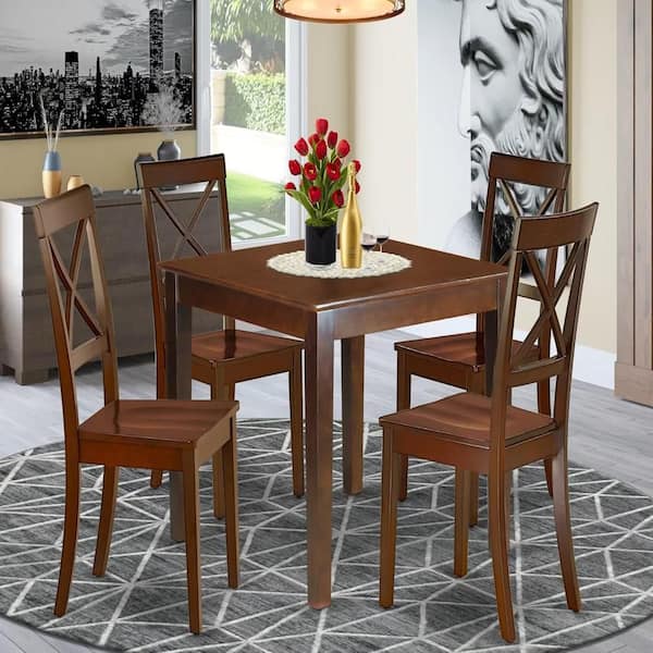 East West Furniture 5-Piece Square Mahogany Finish Solid Wood Top Dining table with 4 Chairs with Lattice Back