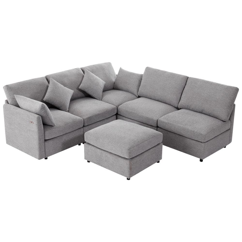 85.4 in. Chenille Sectional Sofa in Light Gray with Movable Ottoman and 2 USB Ports