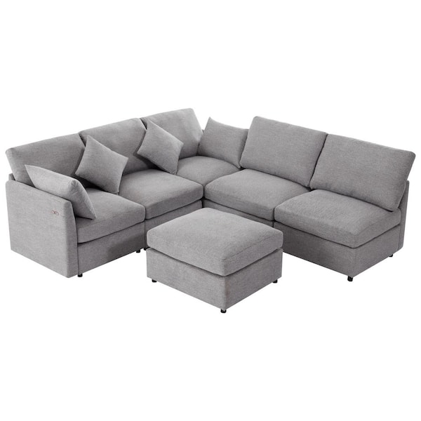 85.4 in. Chenille Sectional Sofa in Light Gray with Movable Ottoman and 2 USB Ports