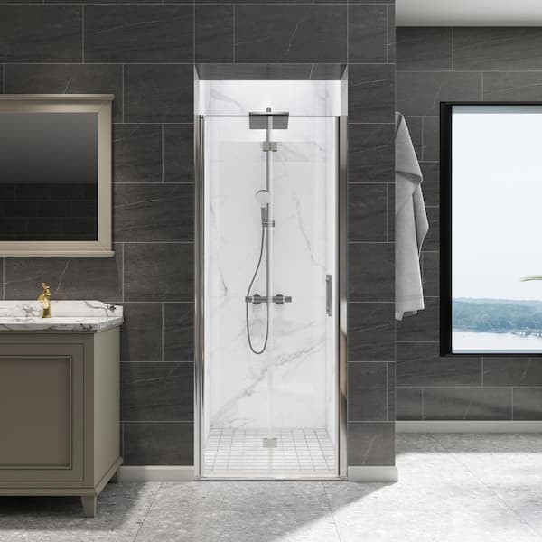 30 in. W to 31-3/8 in. W x 72 in. H Bi-Fold Frameless Shower Door in Chrome with Clear Glass