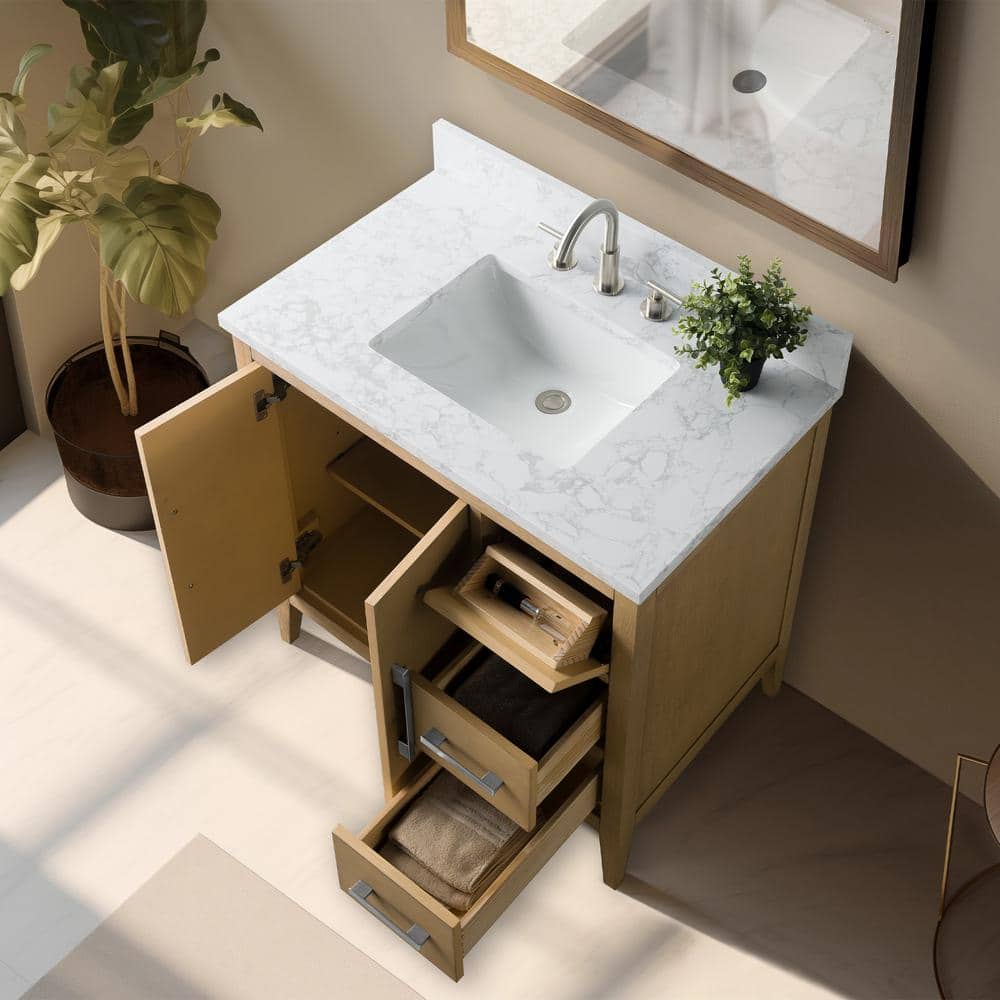 Natural Oak 36" Single Bathroom Vanity with Engineered Marble Top