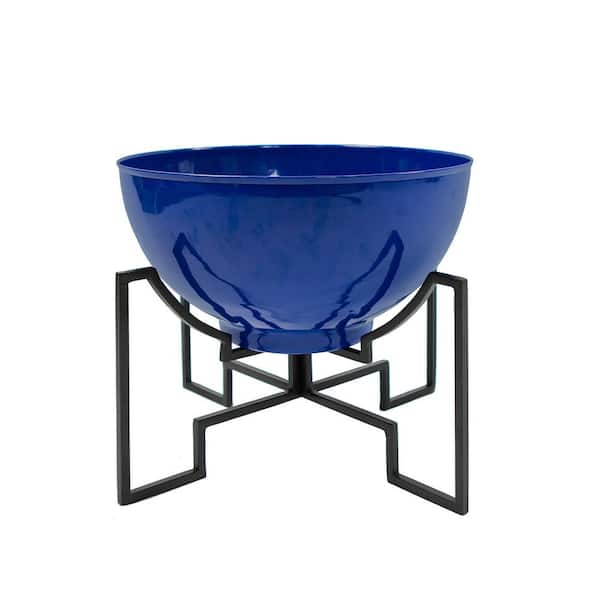 ACHLA DESIGNS 16 in. Dia Round French Blue Galvanized Steel Planter Bowl with Black Wrought Iron Plant Stand