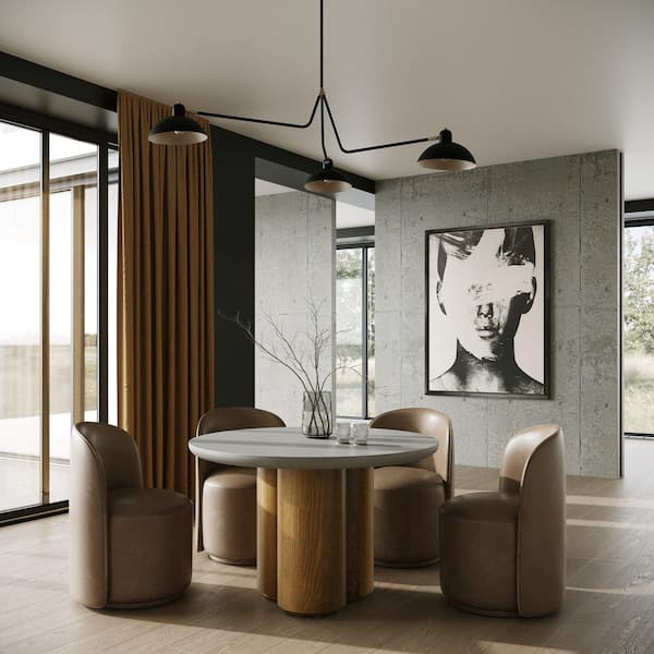 Modrest Bateman Modern Faux Concrete and Walnut Wood 47.2 in. Pedestal Dining Table Seats 6