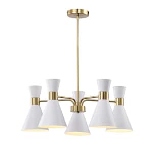 Mariet 24.9 in. 5-Light Indoor Brass and Matte White Finish Chandelier with Light Kit