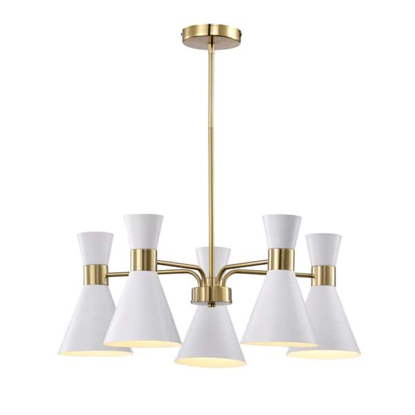 Warehouse of Tiffany Mariet 24.9 in. 5-Light Indoor Brass and Matte White Finish Chandelier with Light Kit