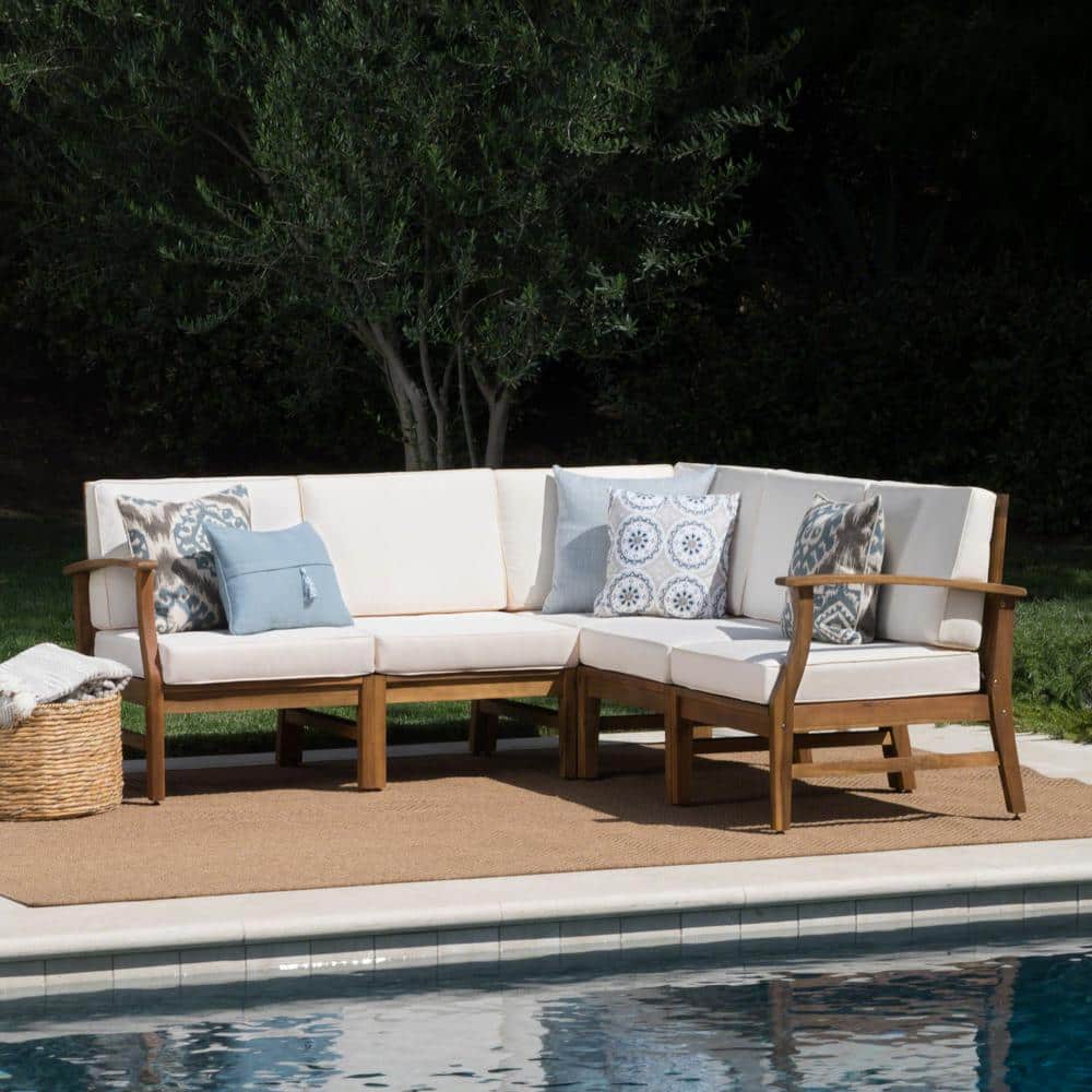 Teak Finish 5-Piece Wood Outdoor Patio Sectional Set with Cream Cushions price history on PriceWatchPro