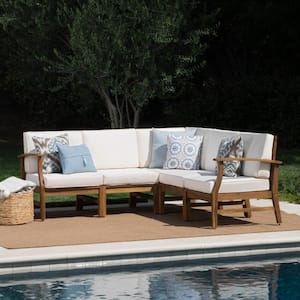 Teak Finish 5-Piece Wood Outdoor Sectional Set with Cream Cushions