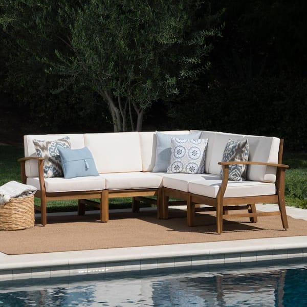 Noble House Teak Finish 5-Piece Wood Outdoor Patio Sectional Set with Cream Cushions