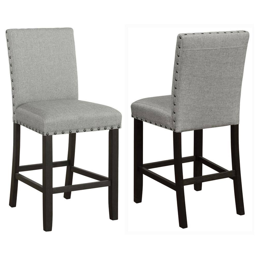 Transitional Gray Linen Upholstered Counter Stools with Nailhead Trim (Set of 2)