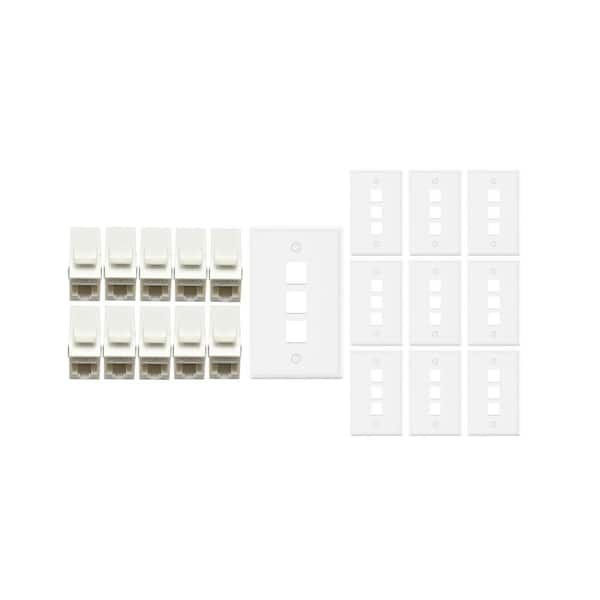 10-Pack 1-Gang White Keystone Plastic Wall Plate 3-Port and 10 Cat 6A RJ45 Keystone Inline Couplers White