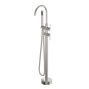 Double-Handle Freestanding Floor Mount Tub Faucet Tub Filler with Hand Shower in Brushed Nickel