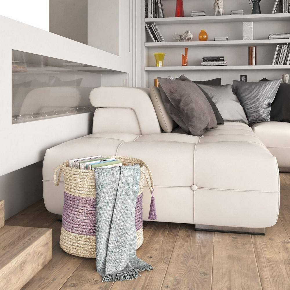 Off-White and Lilac Bold Striped 17" Jute Storage Basket