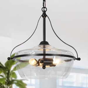 14 in. Modern 3-Light BlackChandelier Light, Bowl Hanging Pendant with Clear Glass Hanging Ceiling Light